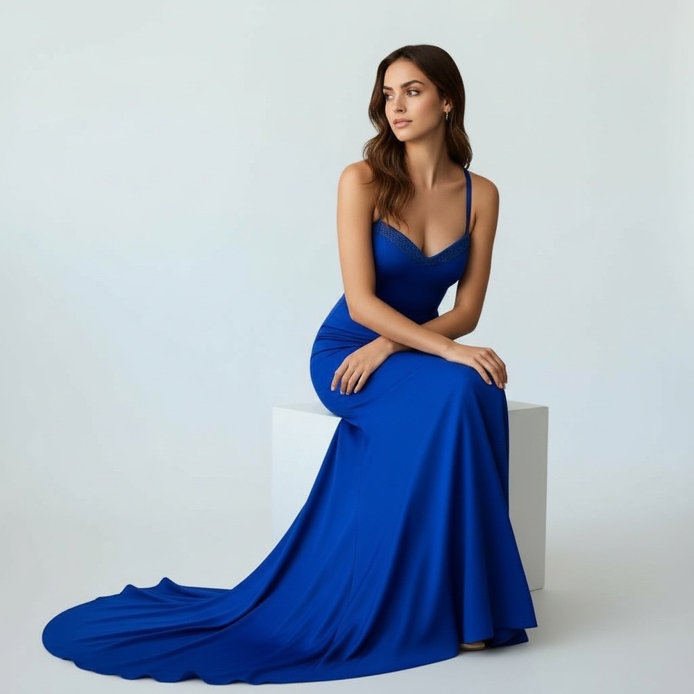 Sz 14(46 EUR) Giorgio Armani Cobalt Blue Beaded 100% Silk Halter Gown NWT $7,950